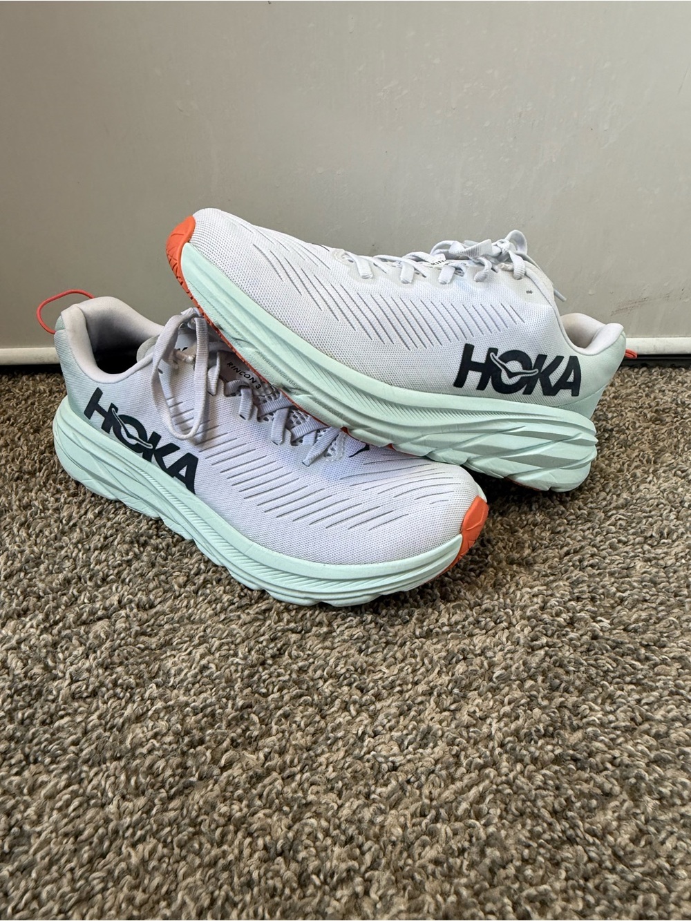 Hoka rincon 3 size 7B White Mint & Coral Athletic Running Shoes